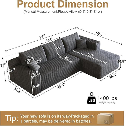 AUGOP 96" Sectional Couches for Living Room Modern Modular Sofa with L-Shape Couchs Upholstered Boneless Couch Deep Seat Sectional Couch with Chaise (Dark Grey, 96" Right Facing Chaise+2Seaters)