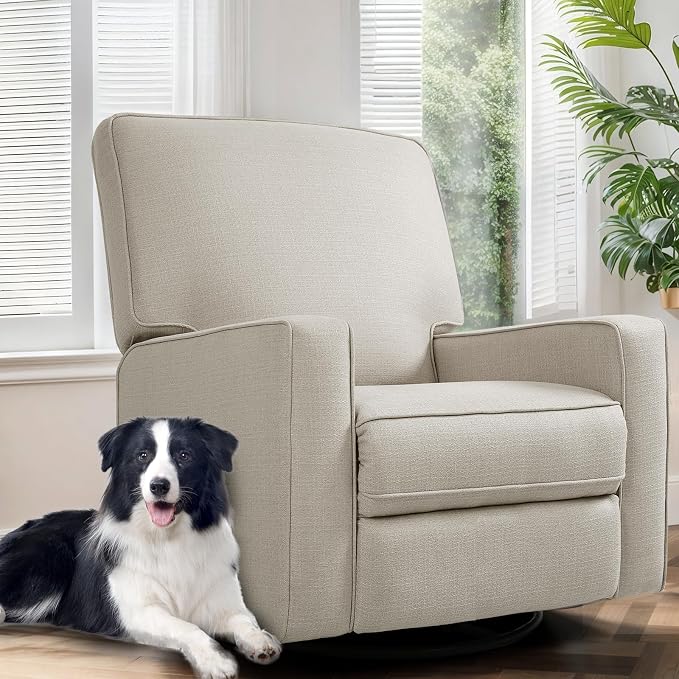 Manual Rocker Recliner Chair for Adults, High Back Glider with Deep Seat, Upholstered Fabric Armchair for Living Room & Nursery (Beige Linen)