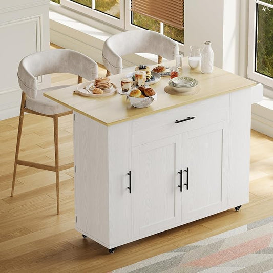 IRONCK Rolling Kitchen Island Table on Wheels with Drop Leaf, Storage Cabinet and Drawer, 52 in Kitchen Cart with Spice and Towel Rack for Kitchen, White