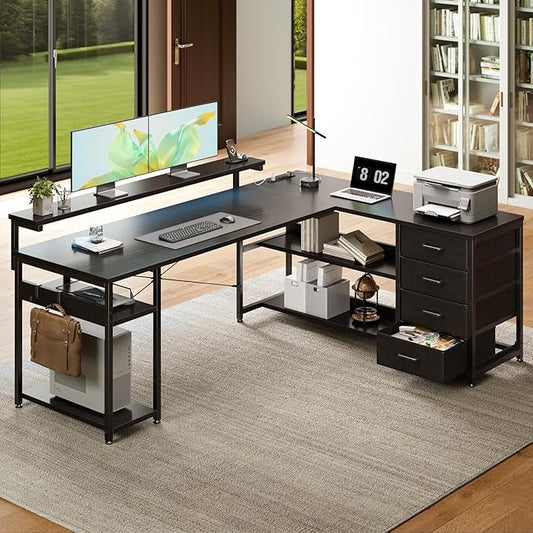 AODK 61" L Shaped Desk with Drawer, Computer Desk with Power Outlets & LED Lights, Reversible Corner Gaming Desk for Home Office Workstation, Office Desk with Monitor Shelf, Pure Black