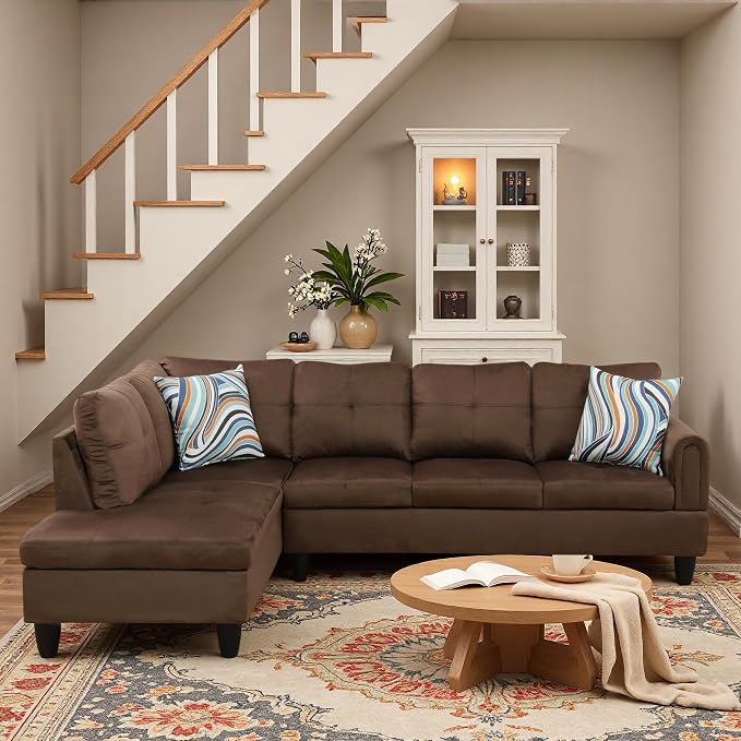 L-Shaped Sectional Sofa, Modern 4-Seat Couch with Left Facing Chaise, Sectional Couch for Living Room, Apartment, Office, Chocolate