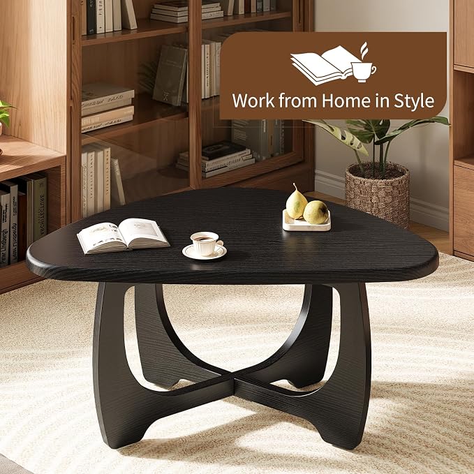 Coffee Table for Living Room - Mid Century Modern Coffee Tables with Triangle Top, Unique Small Round Coffee Table, Wood Oval Tea Table with Solid Legs for Bedroom, 35.8"x 22.5" x 16.2" Black