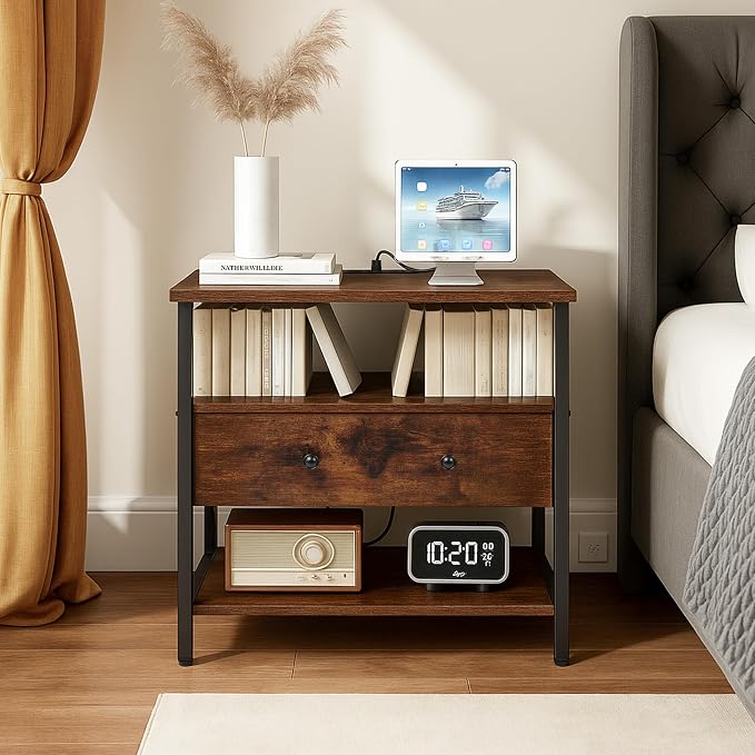 Edbuosy 27 Inch Wide Night Stand with Charging Station, Wood Nightstand with Open Shelf, Large Drawer Bedside Table for Living Room/Bedroom/Office, Retro Brown