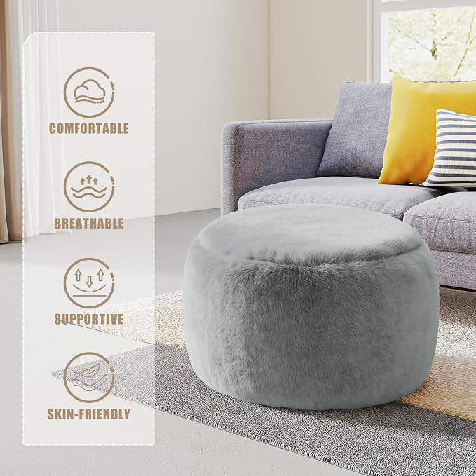 Gericco Round Pouf Ottoman Foot Rest, 29 X 18Inch Floor Poufs Footstool, A Round Modern Foam Filled Foot Stool for Living Room, Home, Nursery, Dorm (Grey, 29Inch)