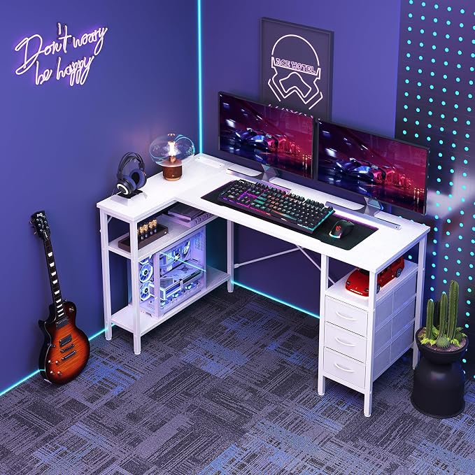 DUMOS L Shaped Desk with Shelf Drawers 55 Inch, White Corner Computer Desks Gaming with Power Outlet, Study Table with Adjustable Shelves, Home Office Tables for Bedroom Teacher Reading Writing