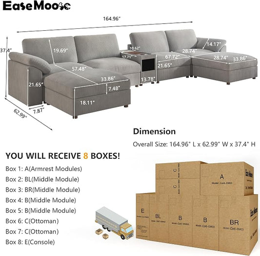 EASE MOOSE Oversized U Shape Sectional Modular Sofa, Extra Large Deep Seat Couch Modular Removable Washable Sectional Couch,Light Gray