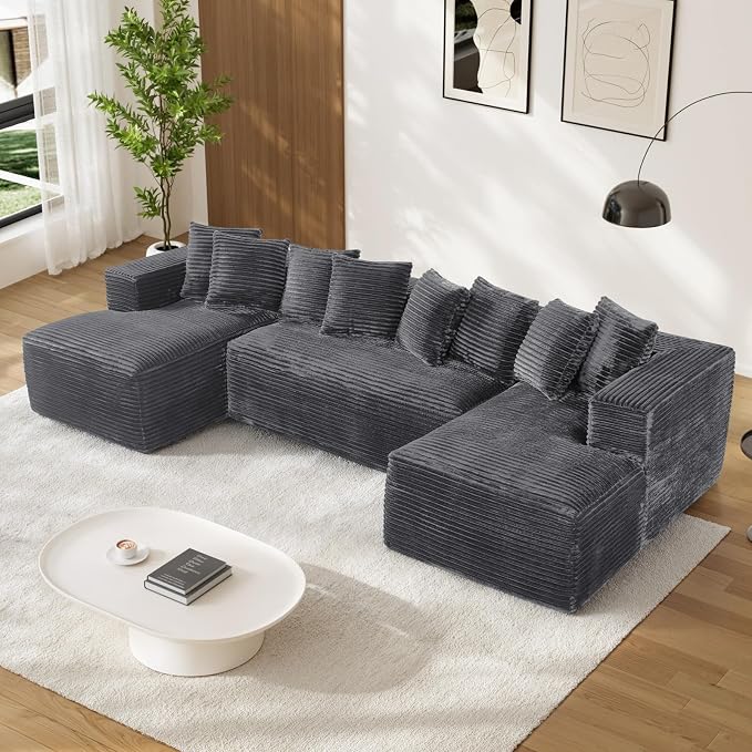131" Oversized U Shaped Cloud Sectional Couches for Living Room, Comfy Fluffy Corduroy Dark Grey Boneless Sectionals Couch, Plush Memory Foam Modular Sectional Sofa with Chaise- 19" Seat Height