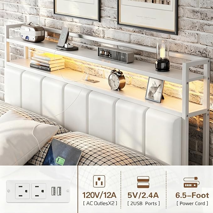 Queen Size Bed Frame with Upholstered Headboard and 2-Tier Storage Shelves | Metal / Charging Station / LED Lights / Under Bed Storage / Non-slip/ Noise Free / No Box Spring Needed / White