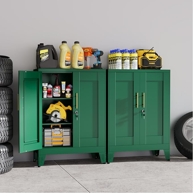 Green Metal Storage Cabinet, 36" Tall Locking Storage Cabinet with 2 Adjustable Shelves, Steel Locker Organizer, for Office, Home, School, 11.81" D x 23.62" W x 35.83" H