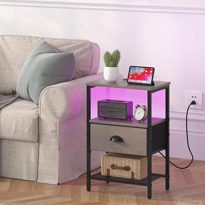 sthmec Nightstands Set of 2, LED Night Stands with Charging Station and Fabric Drawer, Bedside Tables with Drawers, 2- Tier LED Side Table End Table Charging Station Bedroom, Grey