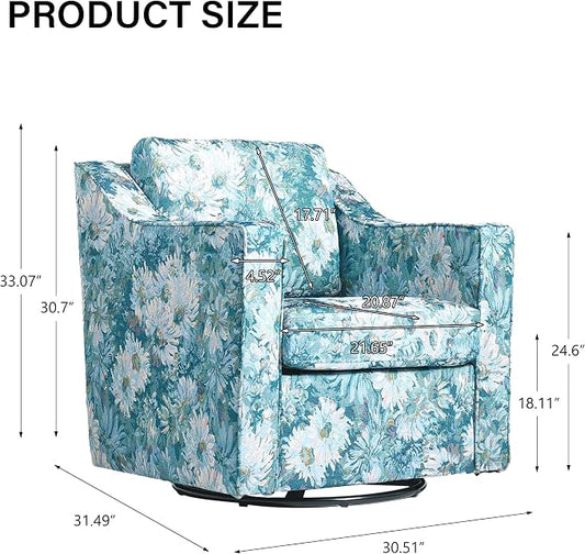 Swivel Accent Chair, Modern Round Barrel Arm Chair for Living Room, Bedroom, Comfy Club Reading Chairs for Adults (Cyan Blooms, Set of 2)