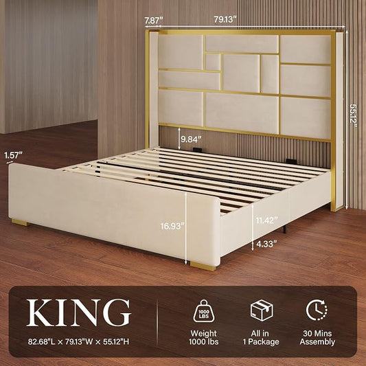King Size Bed Frame with 55.12" Tall Headboard, Modern Luxury Velvet Upholstered Platform Bed with Gold Trim, Wide Wingback Design, Noise-Free, Easy Assembly, No Box Spring Needed, Beige