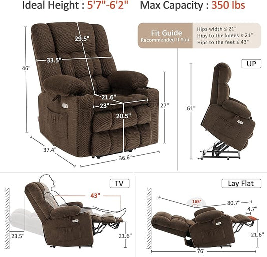 MCombo Large Dual Motor Power Lift Recliner Chair for Elderly, Zero Gravity Lift Chair with Heat and Massage, Infinite Position Lay Flat Recliner, USB Ports, Cup Holders, Fabric 7896 (Large, Mocha)