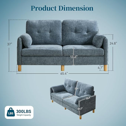 65" Loveseat Sofa, Mid Century Loveseat Couch for Living Room with Storage Pockets, Upholstered Small Loveseat for Small Spaces, Bedroom, Home Office, Apartments, Small Sofa Chenille Navy Blue