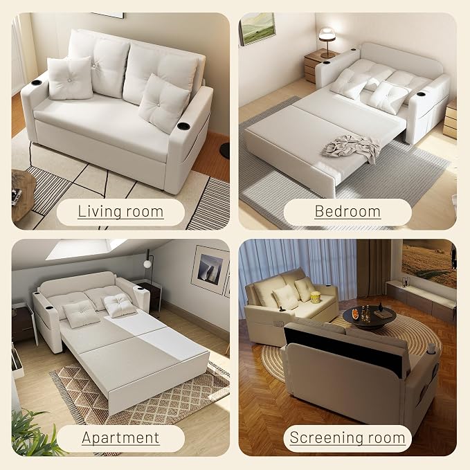Krcix 3 in 1 Sofa Bed, 56 Inch Convertible Pull Out Couch, Loveseat Sleeper Sofa with Cup Holders, USB, Side Pockets, Multi-Function Couch Bed for Living Room, Apartment, Beige