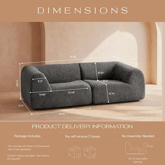 Curved Sectional Modular Couch with Chaise, Modern 76.38'' Boneless Sofa with Deep Seat, Sherpa Boucle Cloud Couch for Living Room, Cozy Teddy Loveseat Couches, No Assembly, Gray