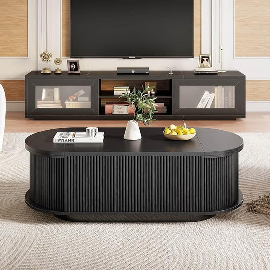 HSH 47" Oval Coffee Table with Storage, Black Coffee Table for Living Room | Modern Center Table with Press Type Door, Fluted Living Room Tables with 2 Flip-Top Hidden Lids, Wood Table