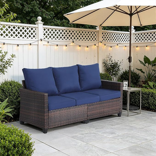 EortheX 3-Seat Rattan Wicker Outdoor Patio Sofa Garden Deck Porch, Blue | weather-resistant PE rattan,quick-dry anti-slip cushions,for garden/deck/porch,rust-resistant frame,easy assembly,small space