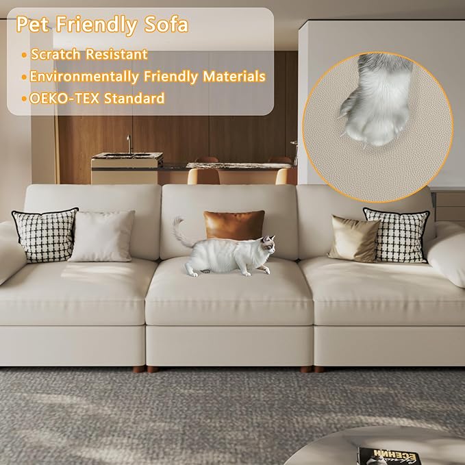 EASE MOOSE Oversized Faux Leather Modular Sofa with Deep Seat,Extra Large Sectional U Shaped Couch for Living Room,Comfy Scratch Resistant Couch,Modern Sofas with Ottoman,Beige
