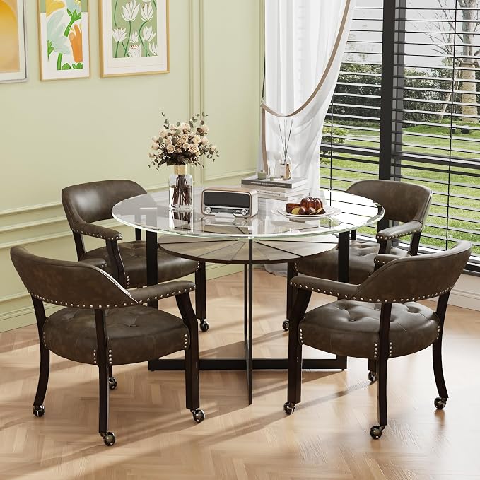 LEEMTORIG Set of 6 Large Dining Chairs with Casters and Arms, Rolling Dining Chairs with Wheels, Wood Boss Caption's Chairs, 26" D x 25.2" W x 31.5" H, Espresso Legs & Choalate PU, XXY-1910-BN