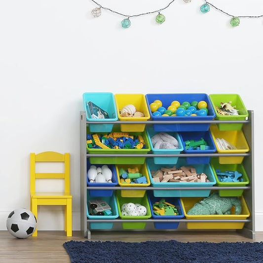 Humble Crew Toy Storage Organizer with 16 Removable Storage Bins for Kids Playroom, 4-Tier Toddler Toy Organization and Storage, Grey/Blue/Green/Yellow