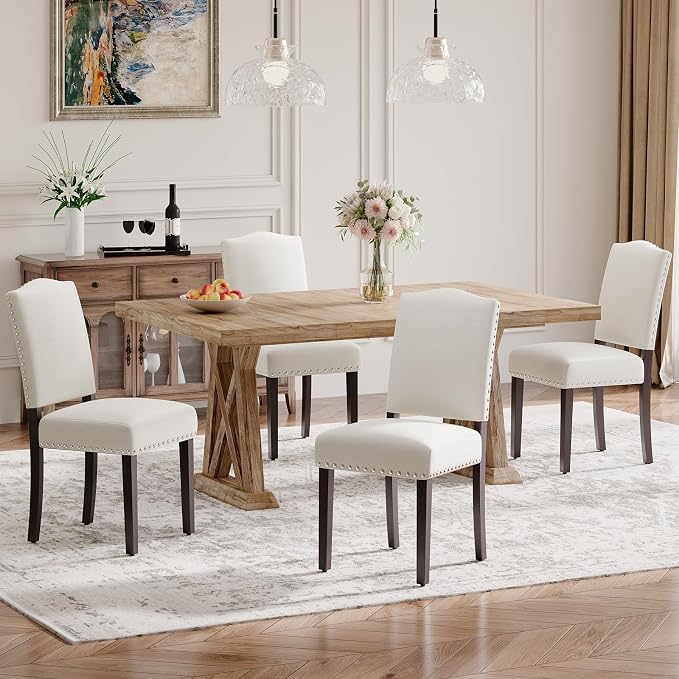 Upholstered Parsons Dining Chairs Set of 4, Modern Dining Room Chairs with Back, Fabric Kitchen Side Chairs with Wood Legs, Nailhead Trim for Dinner Farmhouse Restaurant, Beige
