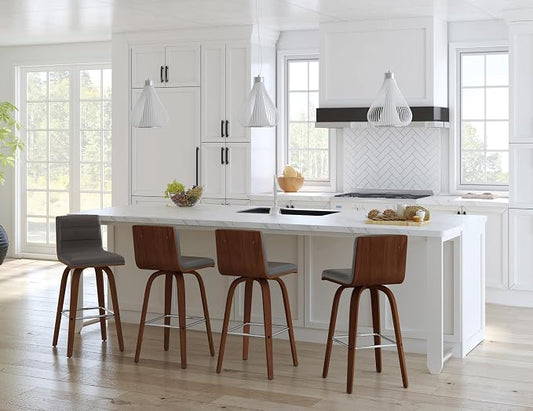 Vienna 26" Swivel Counter Stool in Walnut Wood Finish with Gray Faux Leather - Set of 3
