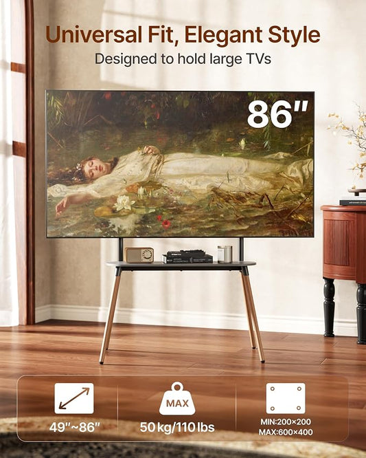 Easel Floor TV Stand with Storage for 49-86 inch TVs, Height Adjustable 4-Leg Universal TV Stand with Cable Management & Protective Pads, Holds 110 lbs for Living Room, Office, School, Black