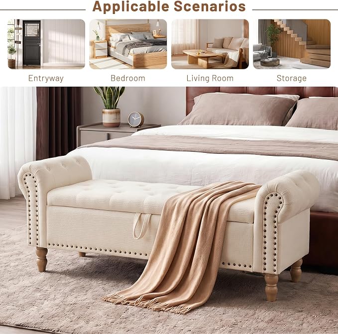 Furniliving 51” End of Bed Storage Bench, Bedroom Bench with Button-Tufted, Upholstered Storage Ottoman Benches Window Bench with Storage, Chenille Bench for Living Room, Entryway, Beige