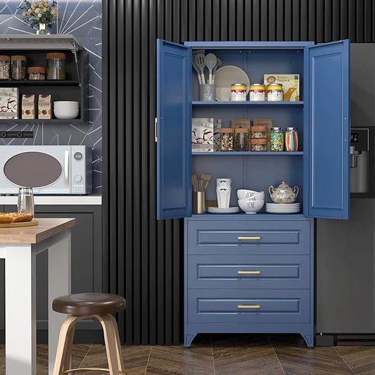 SteeLoong 75" Kitchen Pantry Cabinet with 3 Drawer,Metal Storage Cabinets with Doors and 2 Adjustable Shelves,Blue Kitchen Cabinet with 2 Gold Handles,Food Cupboard for Livingroom,Pantry, Bathroom