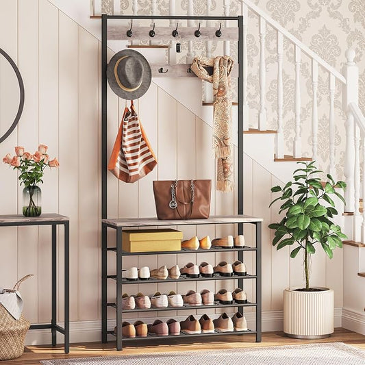 HOOBRO Hall Tree, Coat Rack with Shoe Rack, Hall Tree with Bench, 5 Tier Shoe Storage Organizer with 9 Hooks for Entryway, Closet, Sturdy, Industrial, Greige and Black BG80MT01G2
