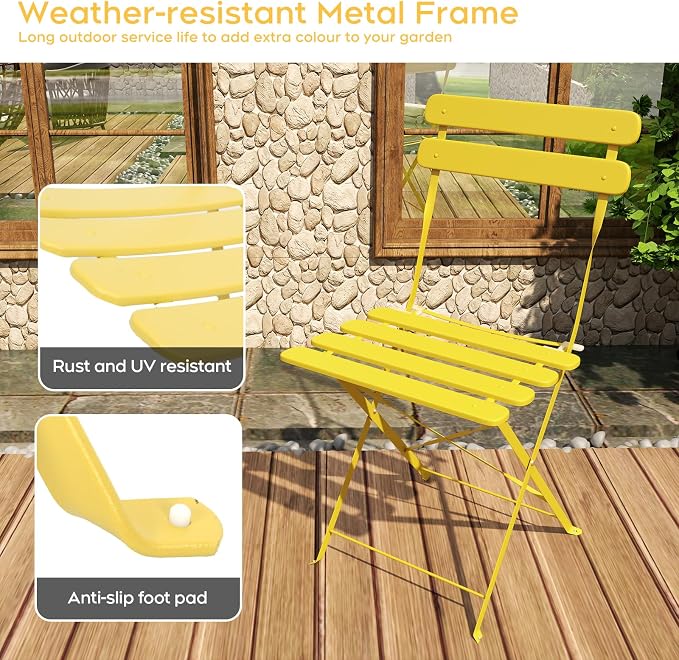3-Piece Folding Bistro Set, 2 Chairs and 1 Table, Weather-Resistant Outdoor/Indoor Conversation Set with Heavy-Duty Powder-Coated Steel Frame for Patio, Yard, Garden (Yellow)