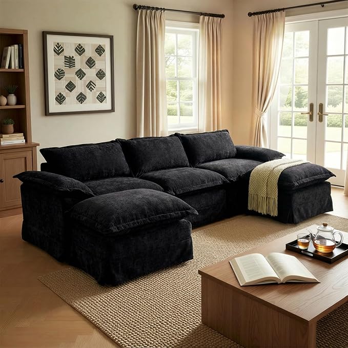 Claiks 123" Modular Boneless Couch, U Shaped Couch for Living Room, Modern Deep Seat Sofa 3 Seater Chenille Fabric Comfy Cloud Couches with Movable Ottoman, Black