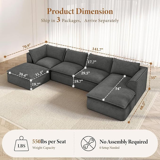 Vesgantti 141.7" U Shaped Boneless Sectional Couch, Modern 6 Seater Modular Sofa with Chaise & Ottoman, Deep Seat Corduroy Cloud Couches for Living Room, No Assembly Required, Dark Gray