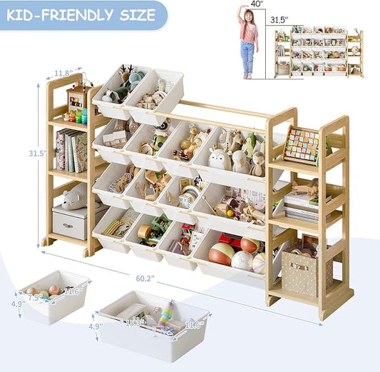 EXPERLAM Extra Large Toy Storage - Toy Storage Organizer, Wooden Toy Organizer with 6 Side Shelves and 16 Bins, 3-in-1 Bookshelf for Kids Rooms, Playroom, Nursery, White