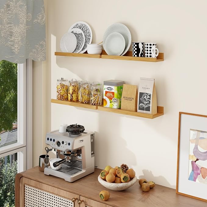 Axeman Oak Picture Ledge Shelf Set of 4 | 16'' Floating Shelves with Lip, Rustic Wood Wall Shelves with Ledge for Pictures Photos Nursery Books