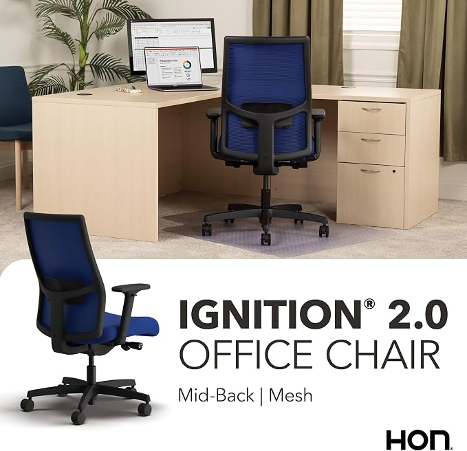 HON Ignition 2.0 Mid‑Back Ergonomic Office Chair, Mesh Task Seating with Lumbar Support, Advanced Synchro‑Tilt, Height and Width Adjustable Arms, Black Frame, Cobalt