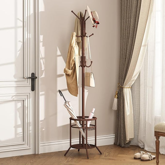 ELYKEN Coat Rack Freestanding, Metal Coat Rack with Umbrella Holder | 12 Hooks, Round Base, Heavy Duty Floor Standing Coat Tree for Entryway, Hallway, Living Room, Bedroom, Office, Brown