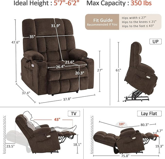 MCombo Oversized Power Lift Recliner Chair for Elderly, Dual Motor Lift Chair with Heat and Massage, Lay Flat Lift Chair for Big and Tall, Cup Holders, Fabric R7891 (Large-Wide, Mocha)