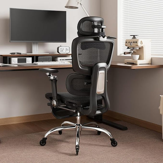 Office Chair with Footrest, Ergonomic Chair with 3D Headrest, Computer Chair with Adjustable Backrest & 6D Armrest, Gaming Chair with Adaptive Lumbar Support, Adjustable Seat Depth, Black