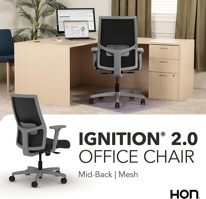 HON Ignition 2.0 Mid‑Back Ergonomic Office Chair, Mesh Task Desk Chair with Lumbar Support, Standard Synchro‑Tilt, Height and Width Adjustable Arms, Titanium Frame, Onyx