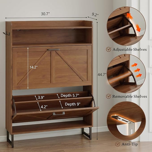 BORNOON Shoe Cabinet with 2 Flip Drawers Narrow Shoe Storage Cabinet Organizer Wooden Freestanding Rack Hidden Slim Storage for Entryway, Hallway, Living Room, Bedroom