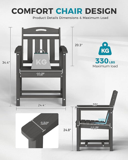 Ciokea HDPE Outdoor Patio Dining Chairs Set of 2, All-Weather Porch Chair with Wide Seat, Durable Outdoor Furniture for Backyard, Garden, Lawn & Poolside, Grey