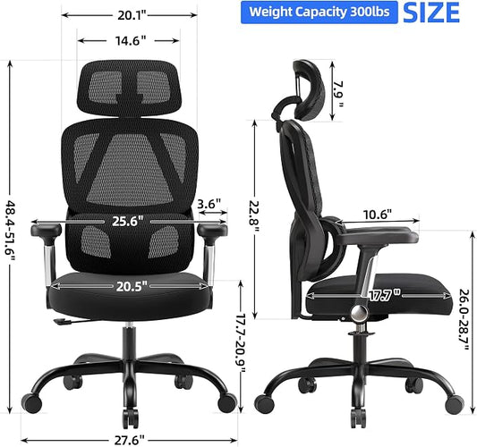 Ergonomic Office Chair, Mesh Back Desk Chair with Cushioned Seat, 3D Adjustable Headrest, 5D Armrests, 2-Level Lumbar Support, 135° Reclining High Back Computer Chair for Home Office
