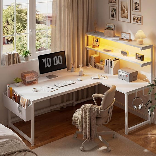 DurayLoly 53 Inch L Shaped Desk Computer Desk with LED Light & 5 Power Outlet, Reversible White Desk with Shelf & Storage Bag & Hook White Vanity Desk for Home Office, White