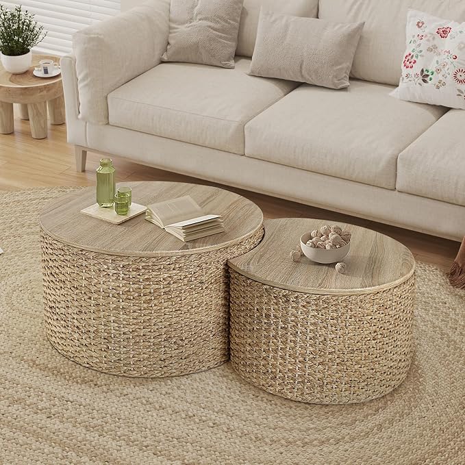 Nesting Coffee Table Set of 2, Rustic Crate and Barrel Coffee Table, Hand-Woven Woven Nesting Tables with Soild Wood Cover for Living Room, Bedroom