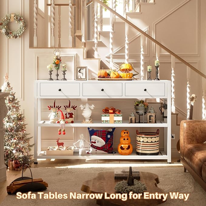 Ecoprsio 47'' Entryway Table with Outlets and USB Ports, Console Table with 3 Drawers, Sofa Table Narrow Long with Storage Shelves for Living Room, Couch, Hallway, Foyer, Kitchen Counter, White