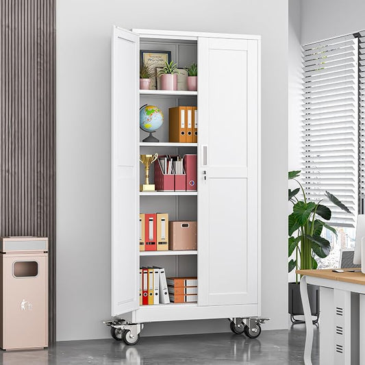 Metal Garage Storage Cabinet, 71”Tall Rolling Utility Cabinet White | storage system with Wheels, Lock, 4 Adjustable Shelves, Heavy Duty Steel Tool Locker for Home Office, Utility Room, Gym