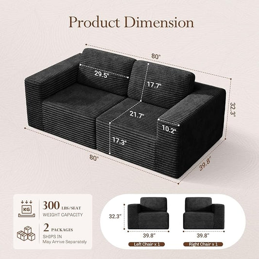 Vesgantti 80" Modular Sectional Sofa, Corduroy Cloud Couch with Deep Seating & Spring Support, 2 Seater Compact Modular Couch, Boneless Sectional Sofa for Small Spaces, No Assembly Required, Black