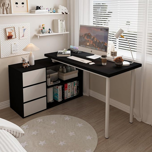Bobve L Shaped Computer Desk, 47 Inch Home Office Desk with File Drawers & Storage Shelves, Small Corner Computer Desk for Small Space (Black + White)